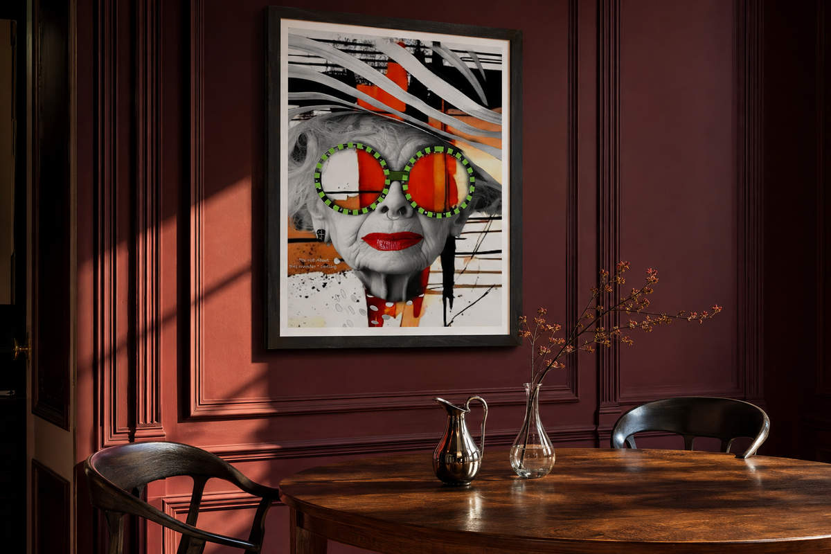 It Ain’t About the # Darling framed in an oxblood dining room