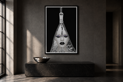 Exposed in a black frame above a stone console in a graphite hallway