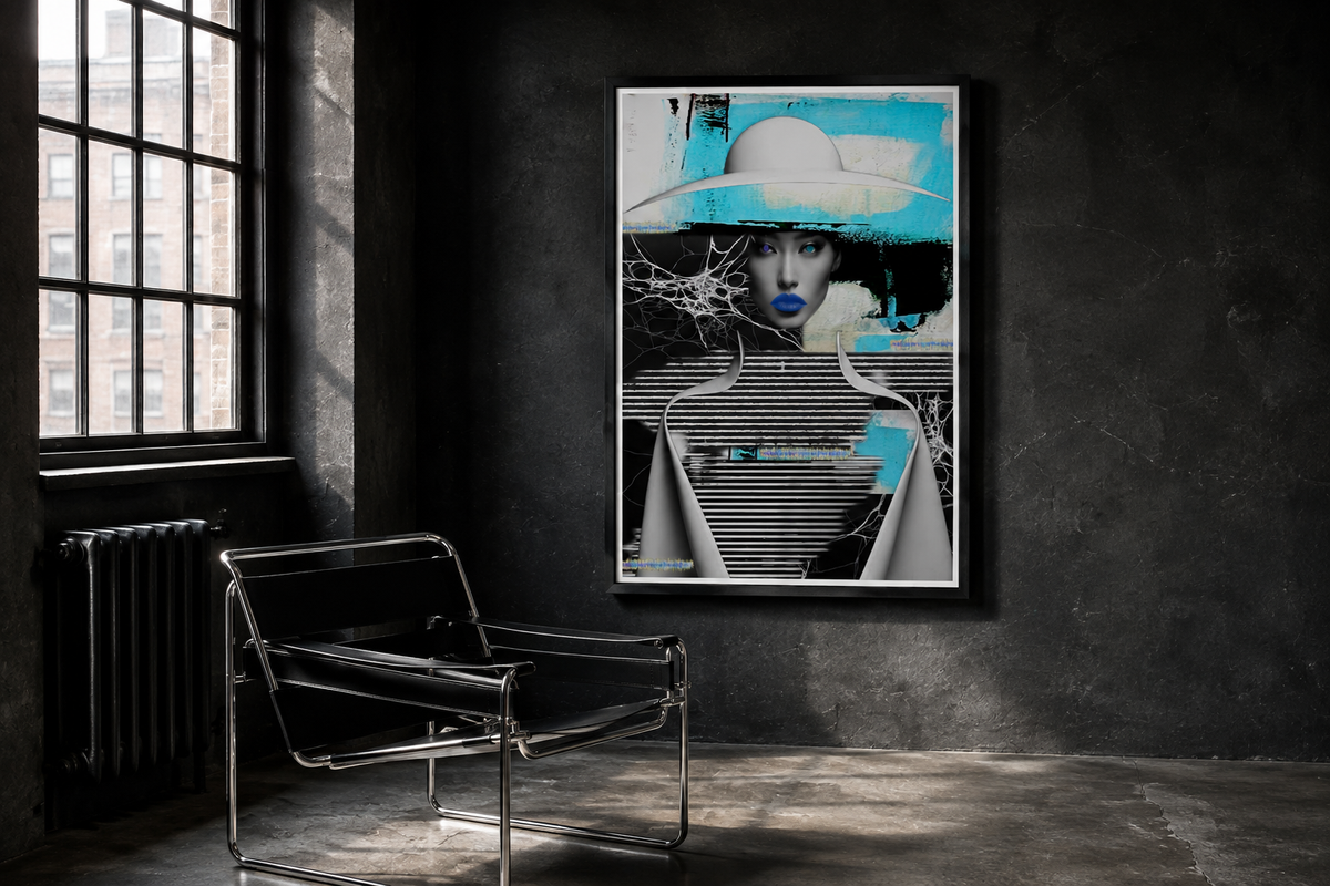 Lost Signal framed beside a chrome chair