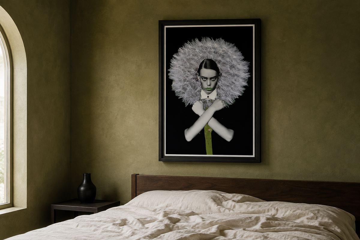 The Protector framed in a muted olive bedroom